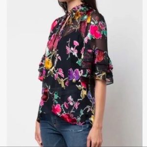 Alice + Olivia Tiered Sleeve Sheer Floral Blouse Size S